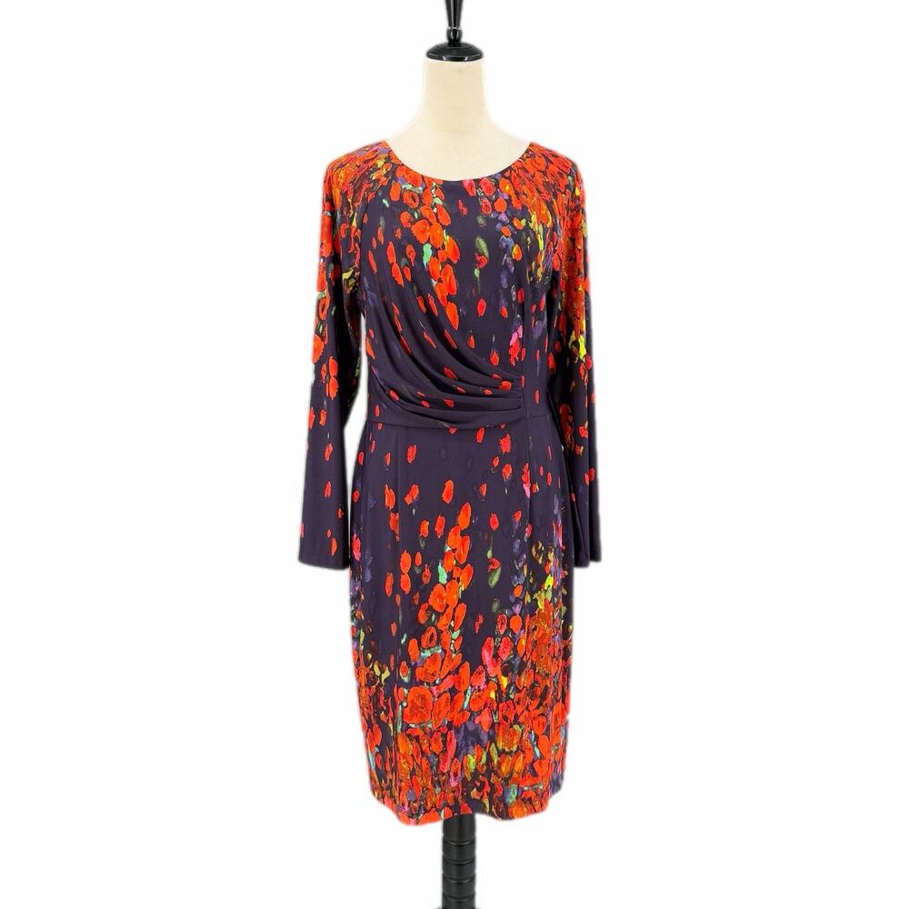 David Meister Plum Red Abstract Floral Draped Sheath Evening Wedding Fall Dress